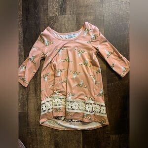 Jody California Pink Floral Steer Skull Lace Hem Top - Dusty Rose
